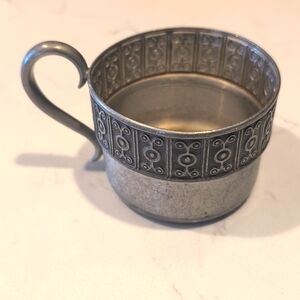 Antique Norwegian pewter Podstakannik. Raised Frieze band hot tea cup holder.